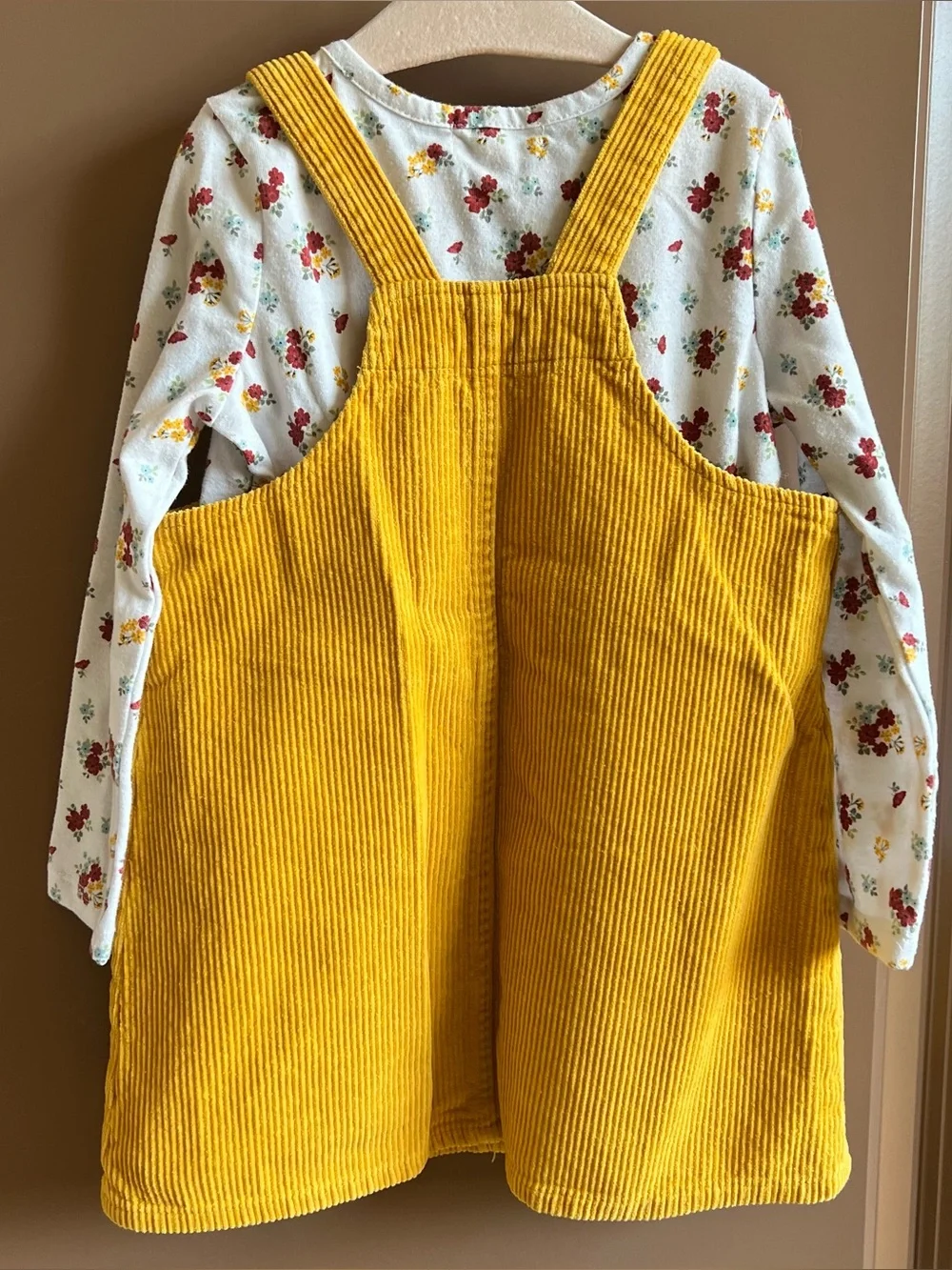 Between Mustard Corduroy Jumper Dress & Floral Top Set Girls Size 4T